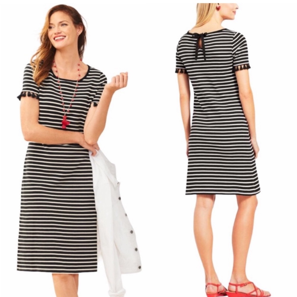 Talbots dress black and white stripes with black tassel fringe on sleeves. M-NWT